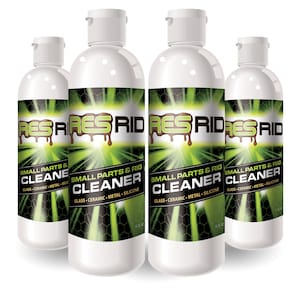 May include: Four 16 fl oz bottles of Res-Rid cleaner for small parts and rigs. The bottles are white with a green and black label that says "Res-Rid Small Parts & Rig Cleaner" and lists the materials it cleans: glass, ceramic, metal, and silicone.