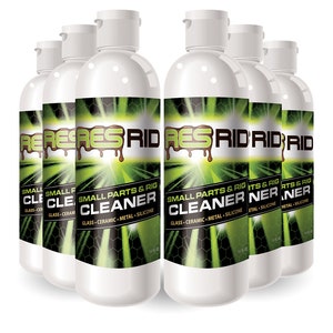 May include: Six 16 fl oz bottles of cleaner labeled "RES RID SMALL PARTS & RIG CLEANER" with green and black labels. The bottles are white and have a screw-on cap.