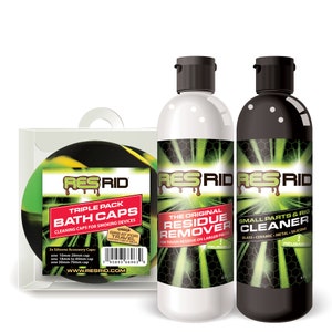 May include: A set of three cleaning products for smoking devices. The set includes a triple pack of silicone bath caps, a bottle of residue remover, and a bottle of small parts and rig cleaner. The products are all labeled with the brand name "RESRID".