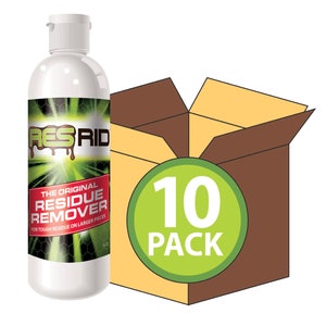 May include: A 10 pack of 16 oz bottles of "RESIDUE REMOVER" cleaning solution. The bottles are white with a green and black label. The label says "The Original Residue Remover for tough residue on larger pieces".