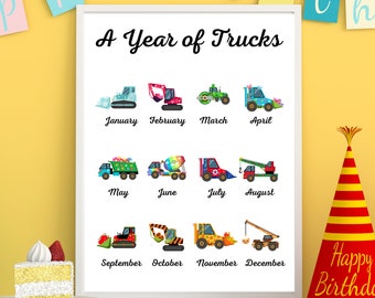 Year of Trucks, Construction Vehicle Prints, Kids Wall Art, Truck Wall Art, Truck Print Nursery, Watercolor Painting, Dump Truck Decor