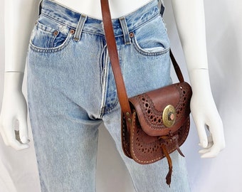 Vintage brown leather hand tooled crossbody bag