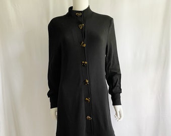 Vintage 80s/90s black sweater dress, drop waist dress with flounce hem and tortoiseshell heart buttons sweatshirt dress