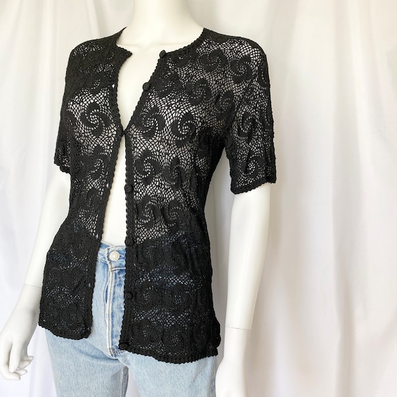 Vintage hand crocheted black cardigan short sleev… - image 2