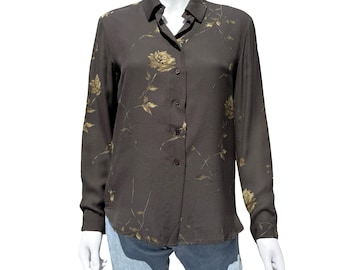 Vintage 90s brown floral silk button down blouse | Cottagecore dark floral print top
