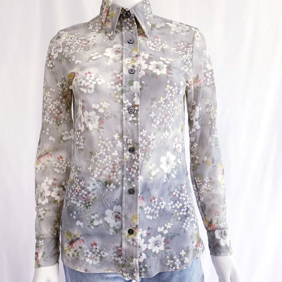 Vintage 70s sheer grey floral print button down sh