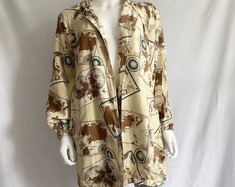 Vintage 80s/early 90s oversized silk jacket, novelty map print silk, lightweight coat