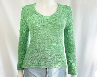 Vintage v neck ribbon crocheted stretchy pullover sweater | open weave knit top