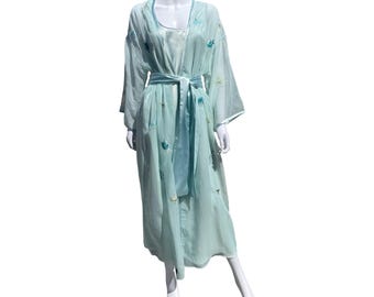 Vintage Natori Nightgown Set: Embroidered Satin Robe & Dress