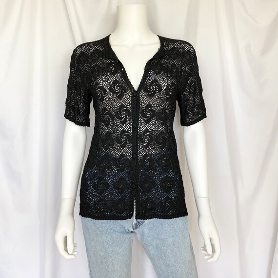 Vintage hand crocheted black cardigan short sleev… - image 6
