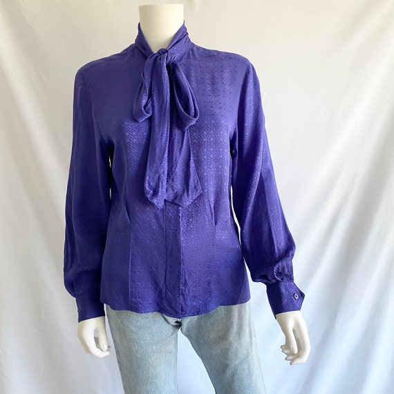Vintage 80s Dior royal blue silk bow blouse, silk… - image 8