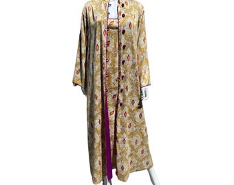 Vintage Satin Slip Dress Robe Set: Mustard, Purple, Knotted Buttons Mandarin Collar