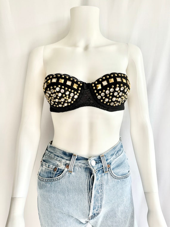 Vintage studded black lace convertible strapless b