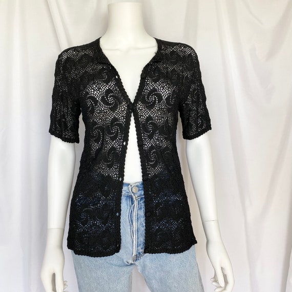 Vintage hand crocheted black cardigan short sleev… - image 1
