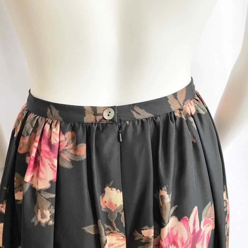 Vintage 90s Laura Ashley floral print silk full maxi skirt, black floral ball gown skirt image 6