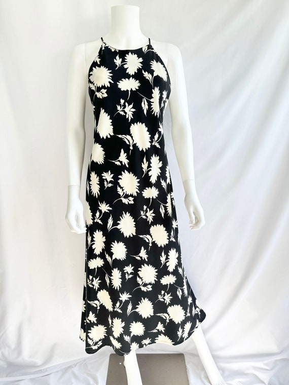 Vintage 70s halter style black and cream floral ma