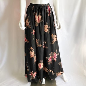 Vintage 90s Laura Ashley floral print silk full maxi skirt, black floral ball gown skirt image 1