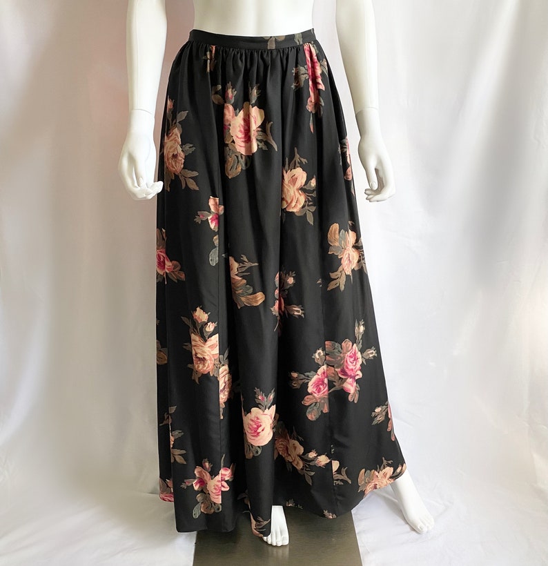 Vintage 90s Laura Ashley floral print silk full maxi skirt, black floral ball gown skirt image 1