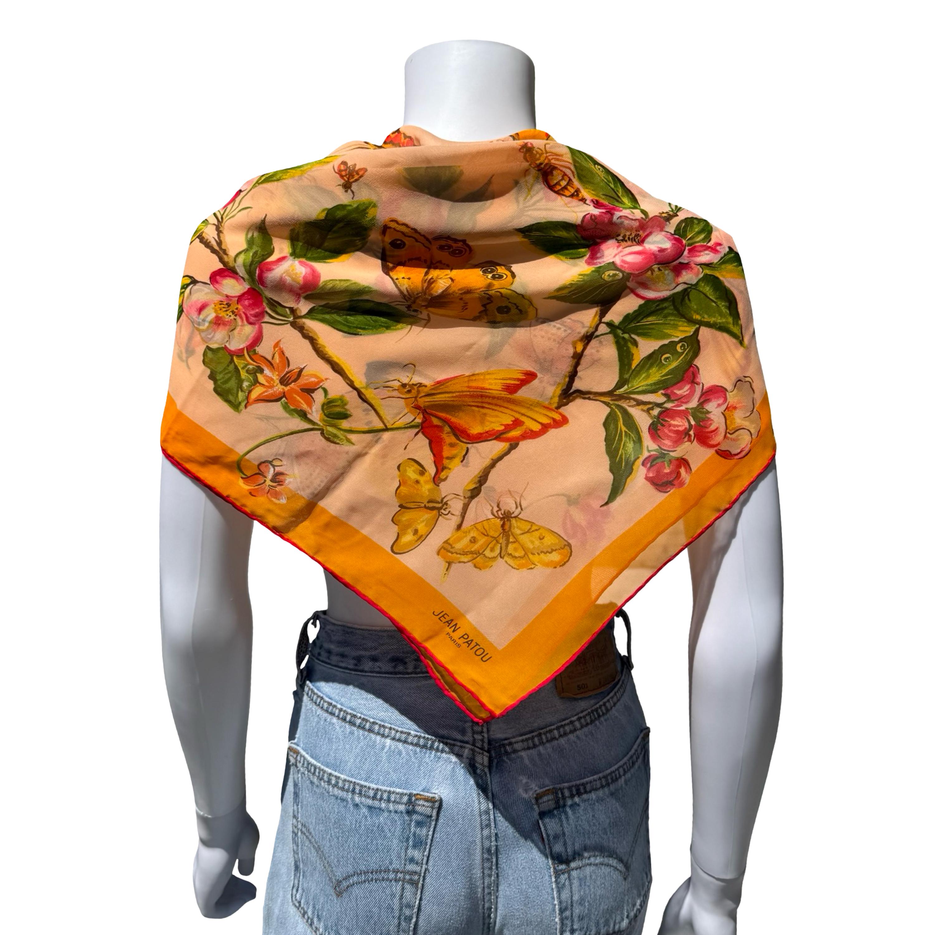 Vintage Jean Patou Silk Scarf: Butterfly Floral Print