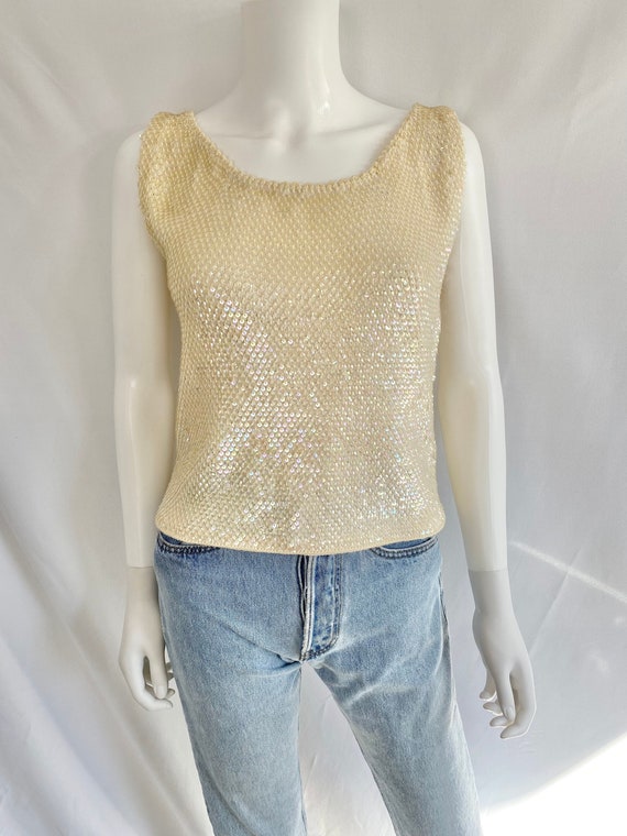 Vintage cream knit iridescent sequined tank