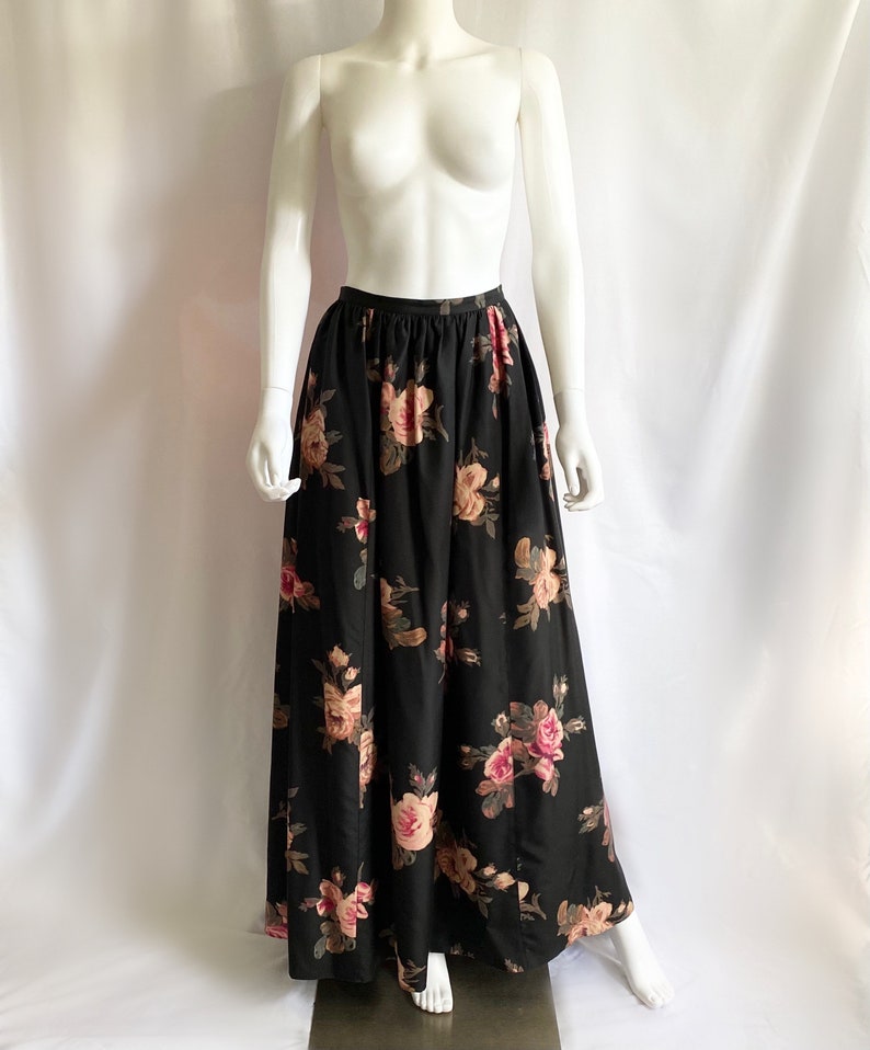 Vintage 90s Laura Ashley floral print silk full maxi skirt, black floral ball gown skirt image 3