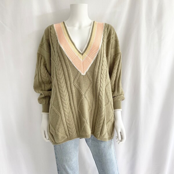 Vintage cable knit deep v neck oversized sweater | peach light yellow white striped collar pullover