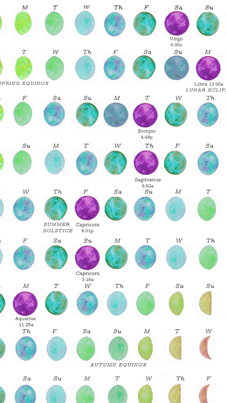 Moon Calendar 2024 Lunar Calendar Handmade Art Watercolor Moon Phases