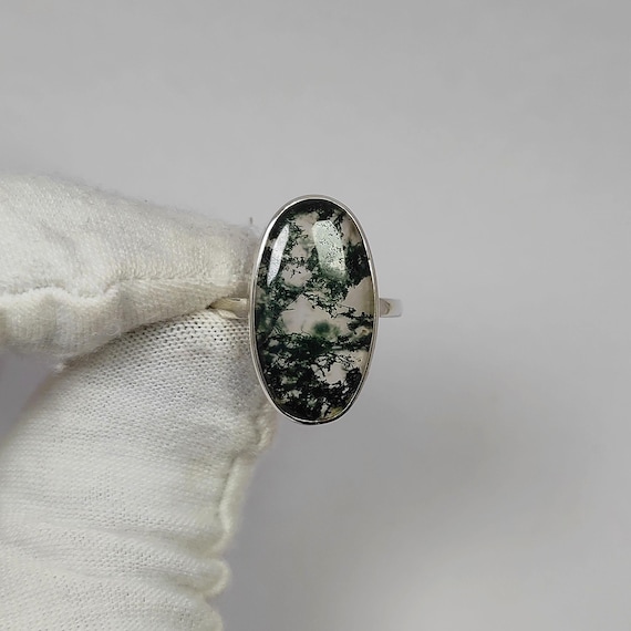 Moss Agate Ring 925 Sterling Silver Birthstone Ring Healing Crystal Ring Size #US8 Oval Moss Agate Ring For Woman Christmas Gifts