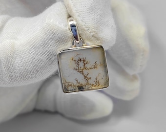 Dendritic Agate Pendant, Sterling Silver, Scenic Rectangle