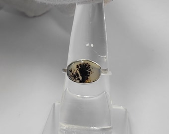 Scenic Dendritic Agate Ring, Oval Sterling Silver Ring, US Size 8