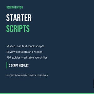 以下が含まれることがあります： Roofing Edition Starter Scriptsと題されたダークブルーのデジタルドキュメント。不在着信時のテキスト返信スクリプト、レビュー依頼と返信、PDFガイド、編集可能なWordファイルが記載されています。2つのスクリプトモジュールとPVGmediaのロゴが含まれています。