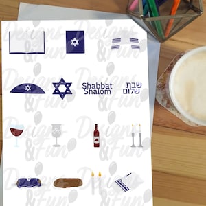 Conjunto de clipart de Shabat, adesivos religiosos judaicos para impressão - Shabbat Shalom, Tallit, Challah, copo Kiddush, estrela de David, download instantâneo