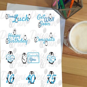 Penguin greetings set, Digital download greetings with cute penguins, Congrats, Good luck, Happy birthday, Get well, instant download