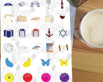 Passover clipart set, Printable Jewish holiday stickers -  Matzah, Haggadah, Passover plate, Torah scroll, wine clipart , Instant download