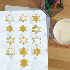Juego de imágenes prediseñadas Gold Star of David, pegatinas imprimibles Jewish Star, descarga digital archivos PNG de Star of David, 13 archivos, descarga instantánea