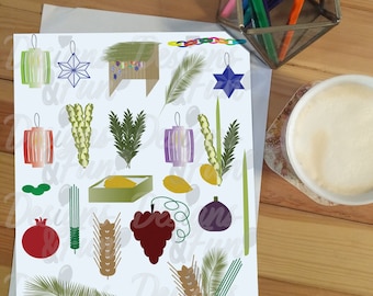 Sukkot Clipart-Set, Illustrationen zu den jüdischen Feiertagen, Sieben & Vier (PNG JPG Digital Download)