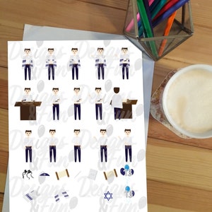 Set di clipart per Bar Mitzvah, adesivi religiosi ebraici stampabili - personaggi maschili per Bar Mitzvah con tefillin, tallit e kippah, download immediato