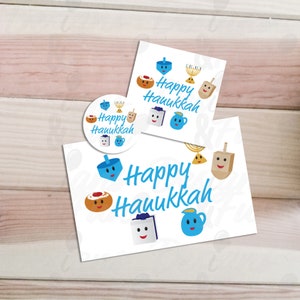 Mignon Happy Hanukkah set, téléchargement numérique carte de Hanoukka et étiquettes de faveur, dessins animés imprimables, beignets, boîte cadeau, pot d’huile et salutation