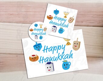 Süße Chanukka Karte und Favor Tags, Cartoon Dreidels (Digitaler Download)