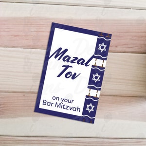 Tarjeta Bar Mitzvah Mazal Tov, tarjeta doblada de felicitaciones judías imprimibles, pergamino de bar mitzvah Torah blanco azul Descarga digital archivos JPG PDF