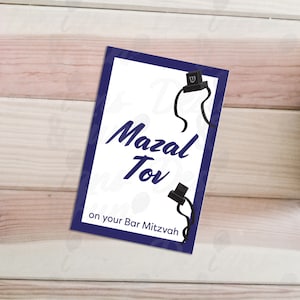 Tarjeta Bar Mitzvah Mazal Tov, tarjeta doblada de felicitaciones judías imprimibles, bar mitzvah blanco azul y tefilín Descarga digital archivos PDF JPG