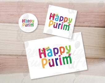 Colorful Happy Purim Card & Tag Bundle (Digital Download)