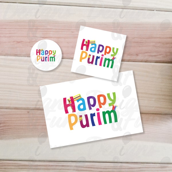 Colorful Happy Purim cards and tags, Digital download printable Purim card, square tag and Round sticker, instant download holiday bundle