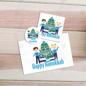 Tag felici di Hanukkah, Biglietto di Hanukkah per il download digitale, tag quadrato e tag rotondo Bambini, Menorah, albero e saluto, pacchetto di download istantaneo