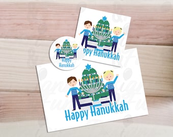 Happy Hanukkah tags, Digital download Hanukkah card, square tag and round tag Kids, Menorah, tree and greeting, instant download bundle