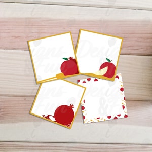 Druckbares Rosen Hashanah Karten Set, 4 jüdische Neujahrskarten Dateien, digitaler Download Shana Tova Apfel, Honig und Granatapfel Karten Hintergrund