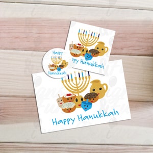 Mignon Happy Hanukkah set, Téléchargement numérique Carte de Hanoukka, étiquettes carrées et rondes, Dreidels de dessins animés, beignets et salutation, téléchargement instantané