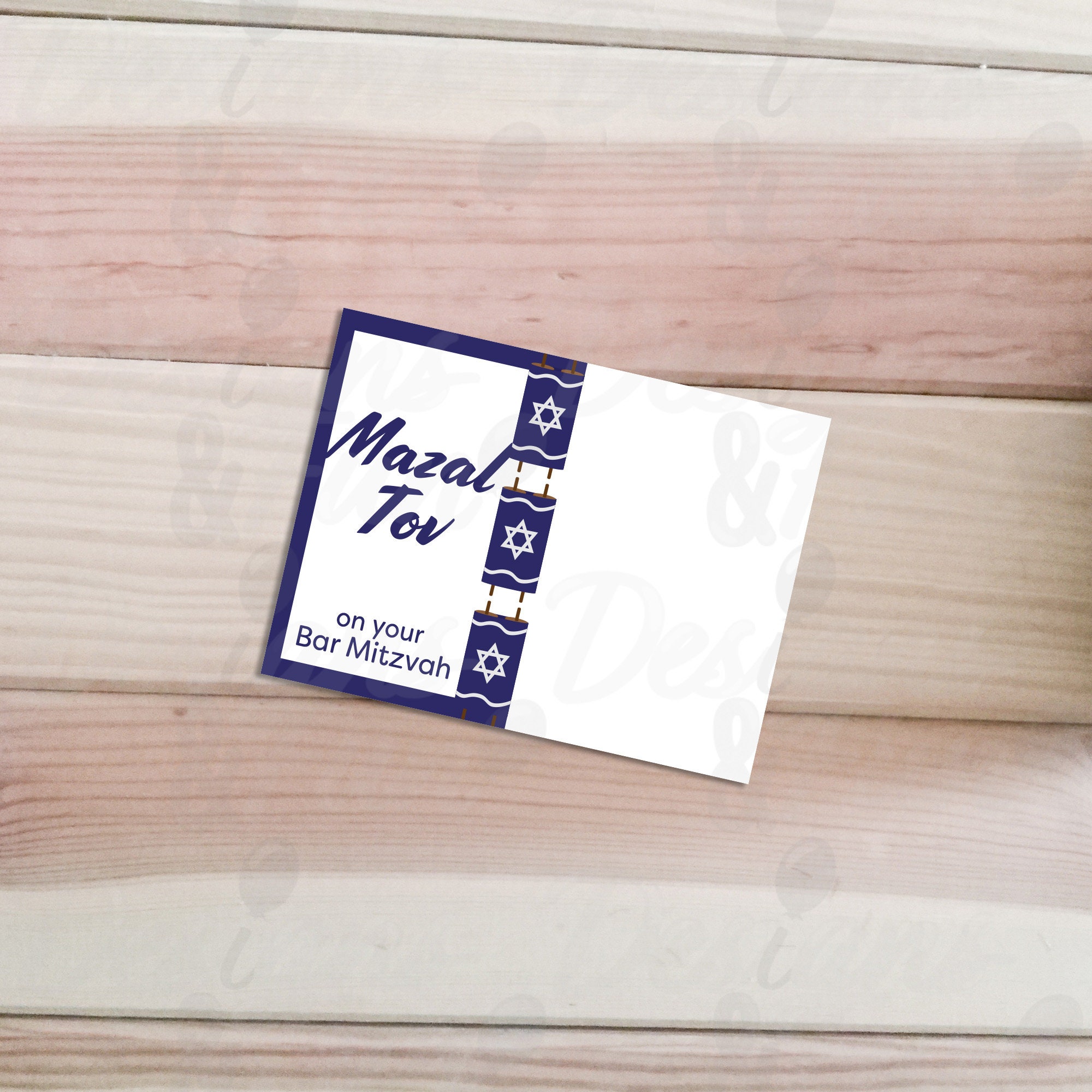 Bar Mitzvah Mazal Tov Card, Printable Jewish Congratulations Folded Card, Blue White Bar Mitzvah ...