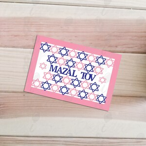 Tarjeta azul blanco rosa Bat Mitzvah, felicitaciones judías imprimibles Tarjeta doblada Mazal Tov Estrella de David, Descarga digital tarjeta de nombre de bebé