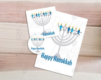 Funny Happy Hanukkah tags set, Digitale download Chanoeka kaart en gunst tags met kaarsen zittend op de menora, instant download bundel